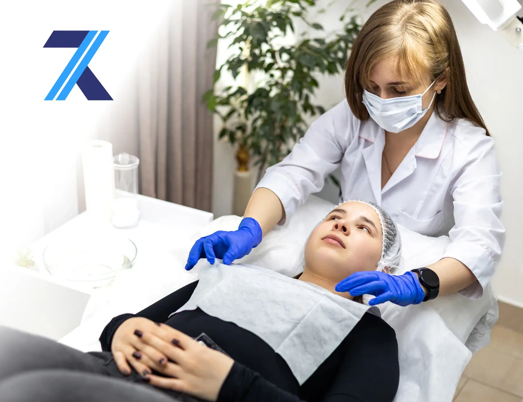 A blonde aesthetician using a treatment device on the forehead of a client with curly hair, with a digital diagnostic screen and logo in the background.