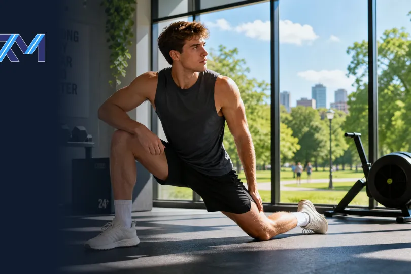 An athletic man in a dark grey tank top and black shorts stretching in a gym with floor-to-ceiling windows overlooking a park with city buildings in the background, featuring a logo in the top left corner.