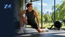 An athletic man in a dark grey tank top and black shorts stretching in a gym with floor-to-ceiling windows overlooking a park with city buildings in the background, featuring a logo in the top left corner.